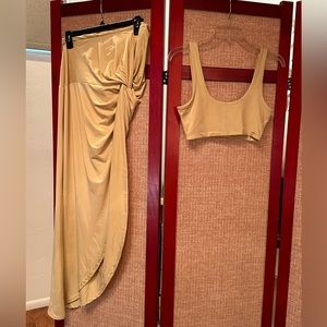 ZAFUL 2 piece gold skirt w/ crop top high slit twist skirt set bodycon dress Med